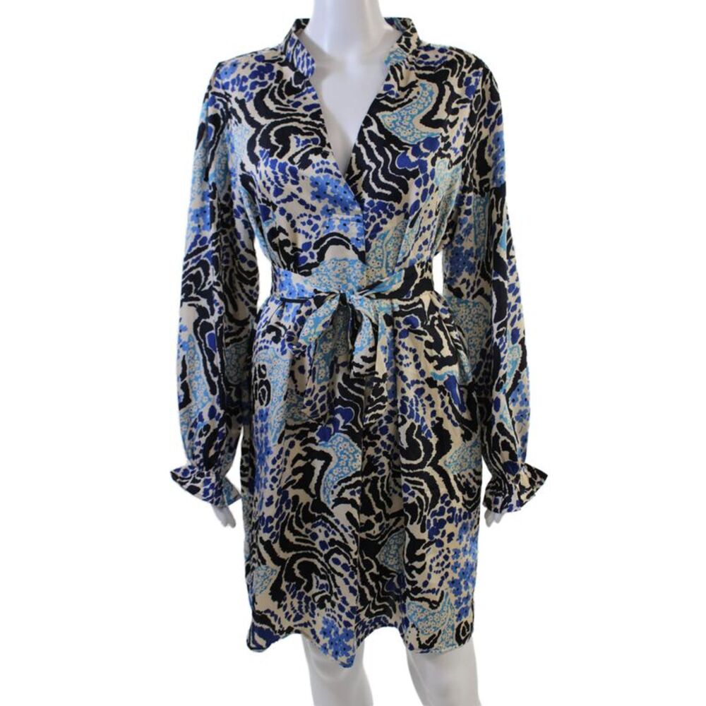 AK Anna Kay Womens Satin Abstract Floral Waist Tied Shift Dress Blue Size L